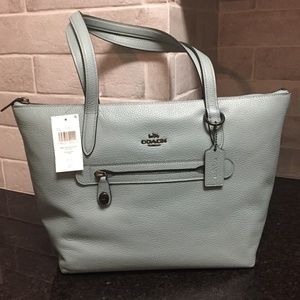 New Coach pebbled leather Taylor Tote in sage green, new with tags, sea foam